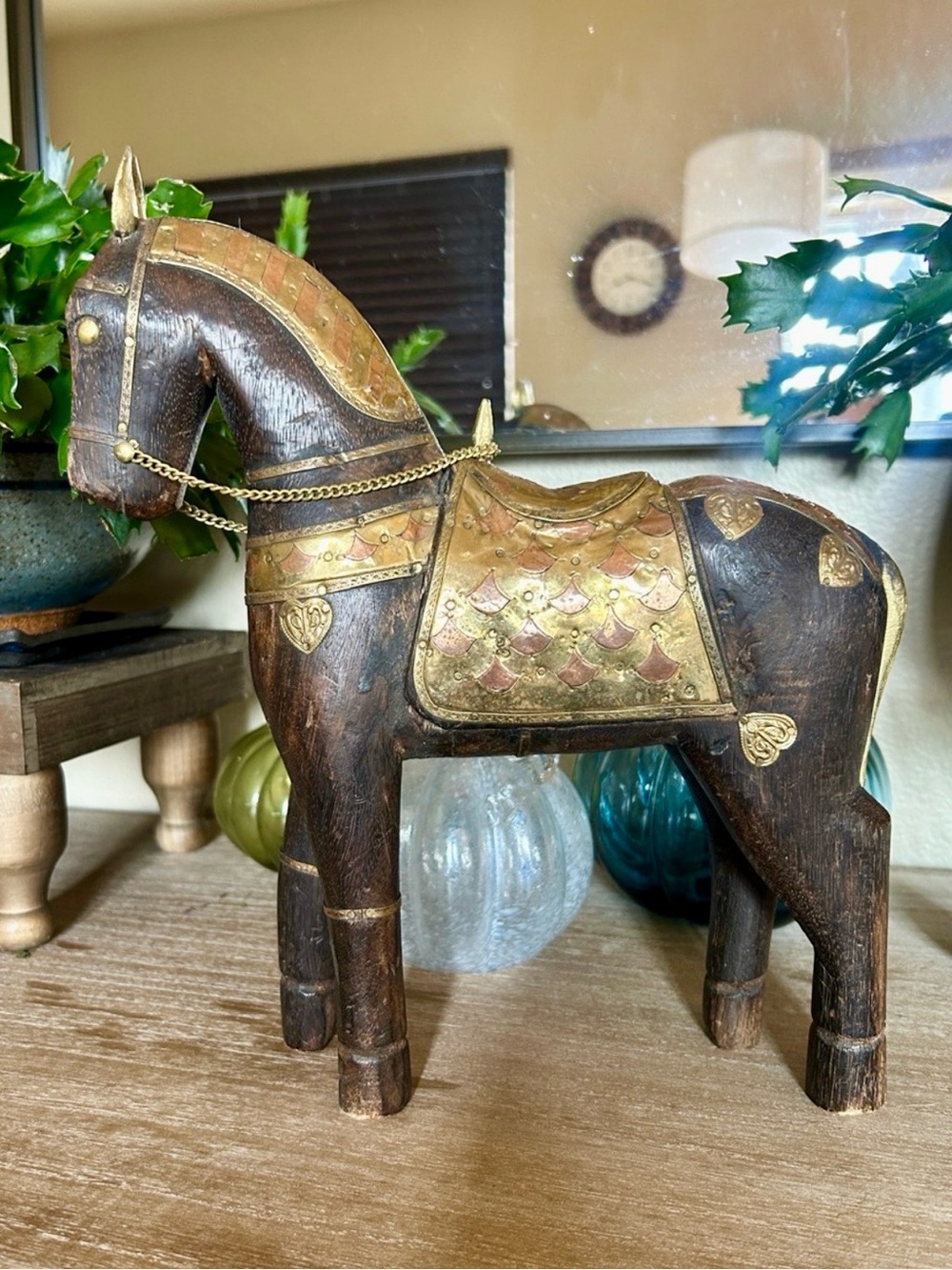 Vintage Brass & Copper Inlay Hand-Carved Wooden Horse, India